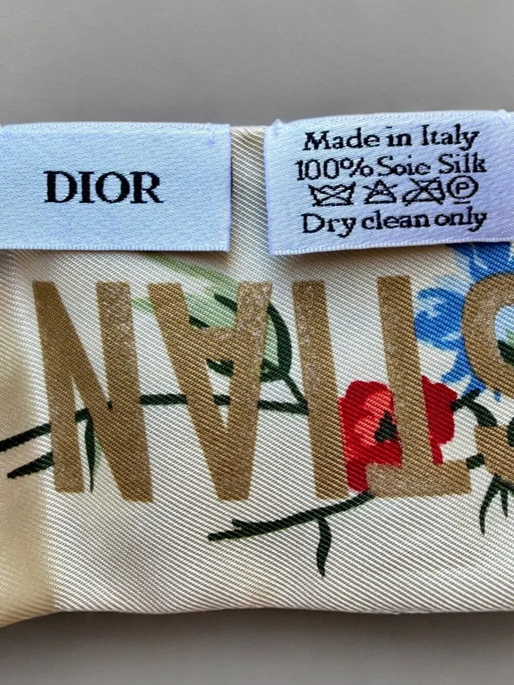 Christian Dior Ivory Red Blue Floral Botanical Silk Mitzah Scarf